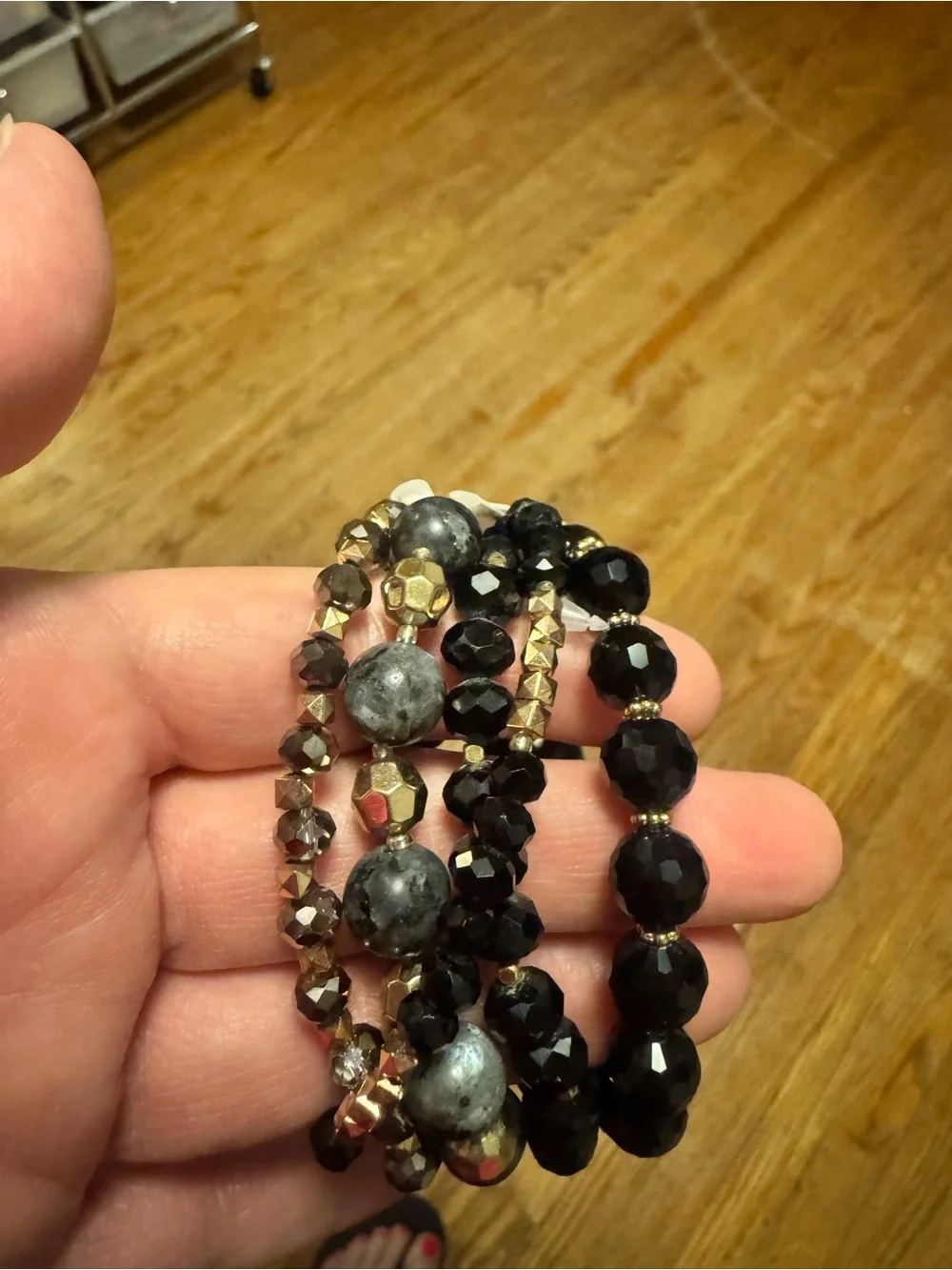 Black Beaded Stretch Bracelet Set with Gold Accents - Women Jewelry